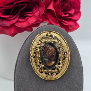 FLORENZA Vintage Brown Oval Cameo Brooch Pendant Gold Tone Classic‎ Style Ornate